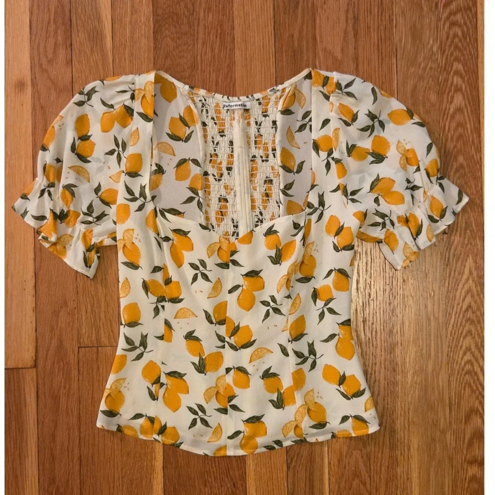 Reformation Delevan Lemonade Print Puff Sleeve Smocked Sweetheart Neck Top Sz 4